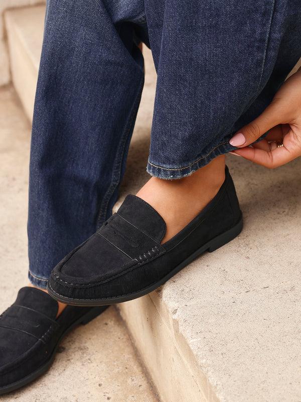 linzi Black Faux Suede Classic Loafer With Front Tab
