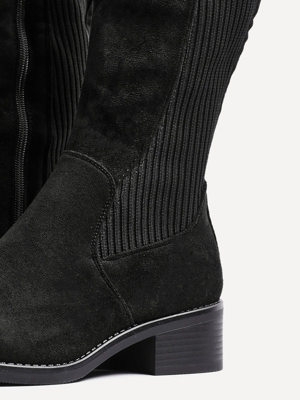 Linzi Black Faux Suede Classic Riding Style Boot With Elasticated Back Panel