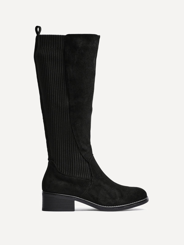 Linzi Black Faux Suede Classic Riding Style Boot With Elasticated Back Panel