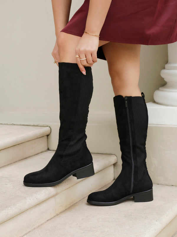 linzi Black Faux Suede Classic Riding Style Boot With Elasticated Back Panel