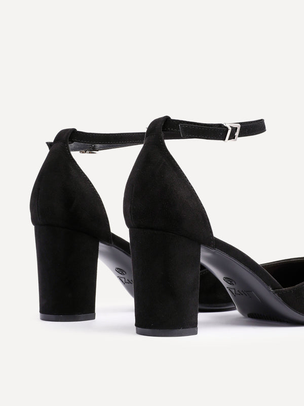 Linzi Black Faux Suede Closed Back Block Heeled Court Shoe
