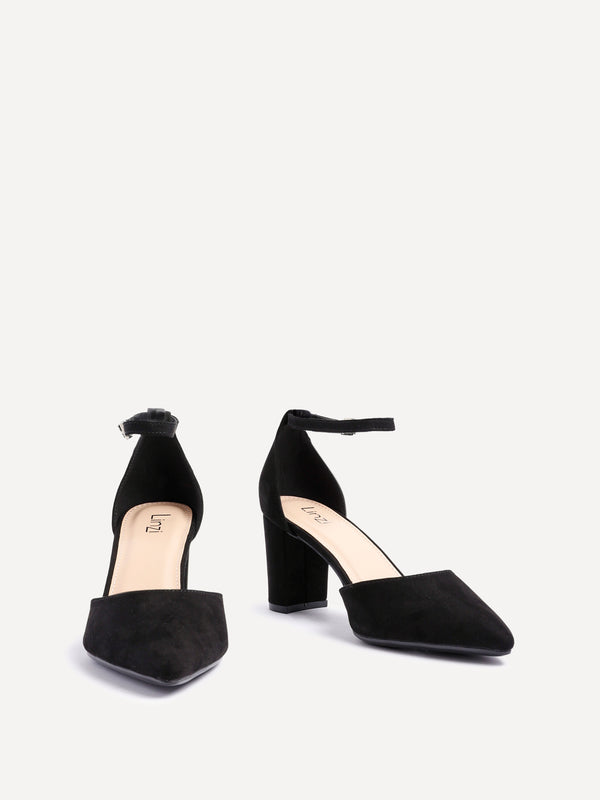 Linzi Black Faux Suede Closed Back Block Heeled Court Shoe