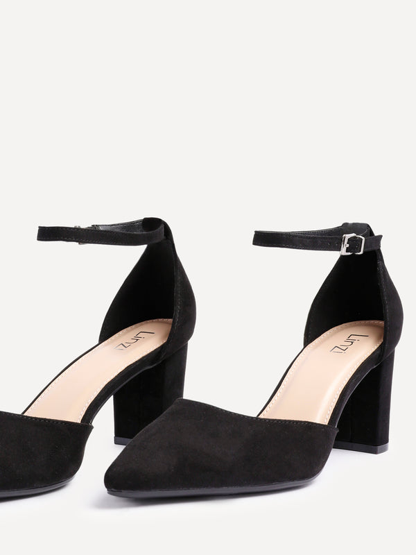 Linzi Black Faux Suede Closed Back Block Heeled Court Shoe
