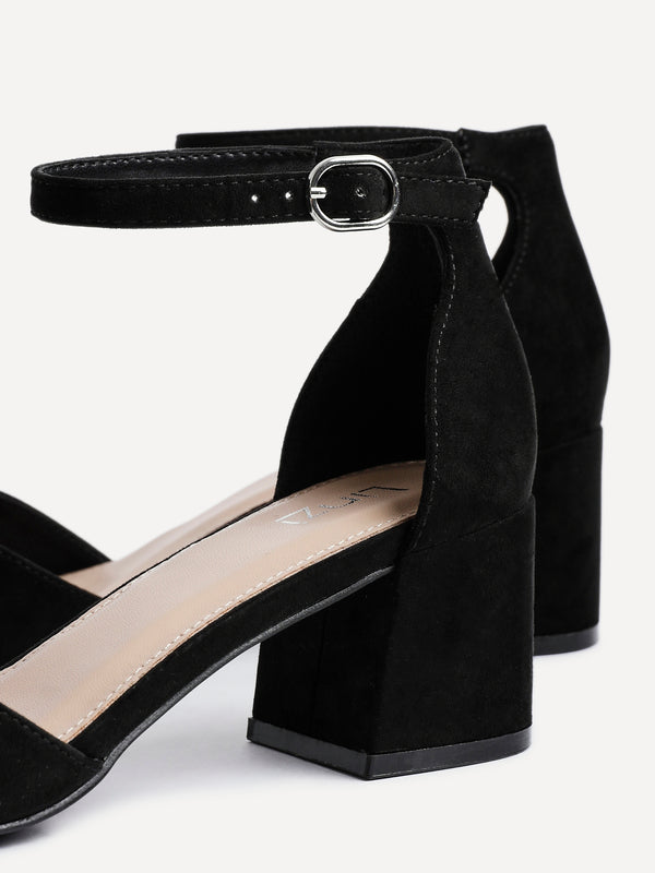 Linzi Black Faux Suede Closed Back Block Heeled Sandals