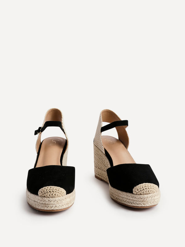 Linzi Black Faux Suede Closed-Toe And Open Back Espadrille Wedge