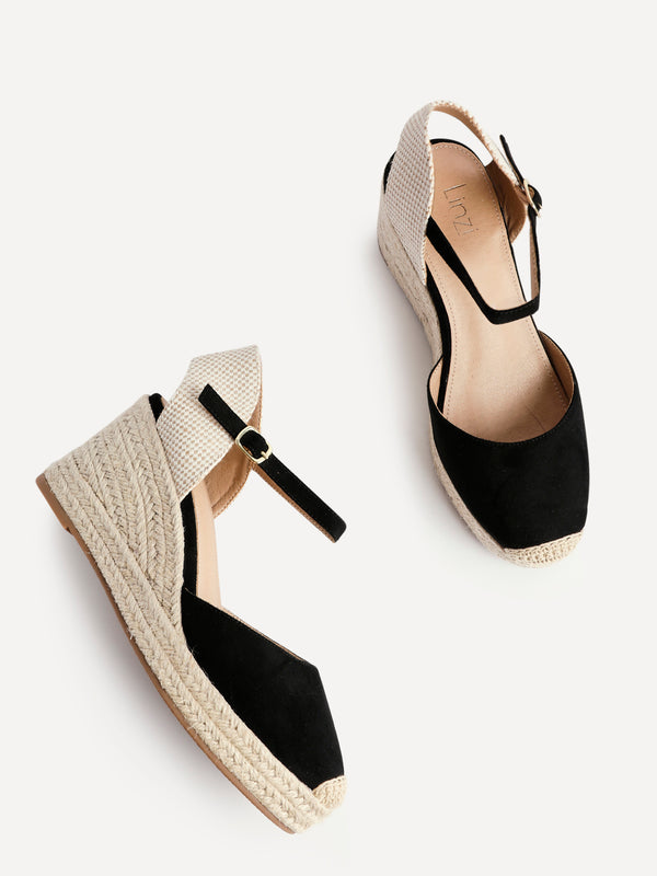Linzi Black Faux Suede Closed-Toe And Open Back Espadrille Wedge