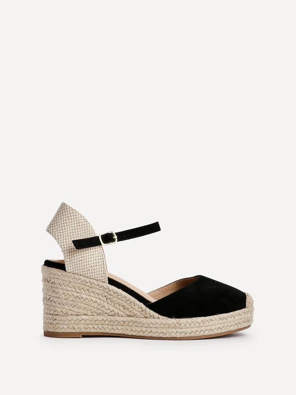 Linzi Black Faux Suede Closed-Toe And Open Back Espadrille Wedge