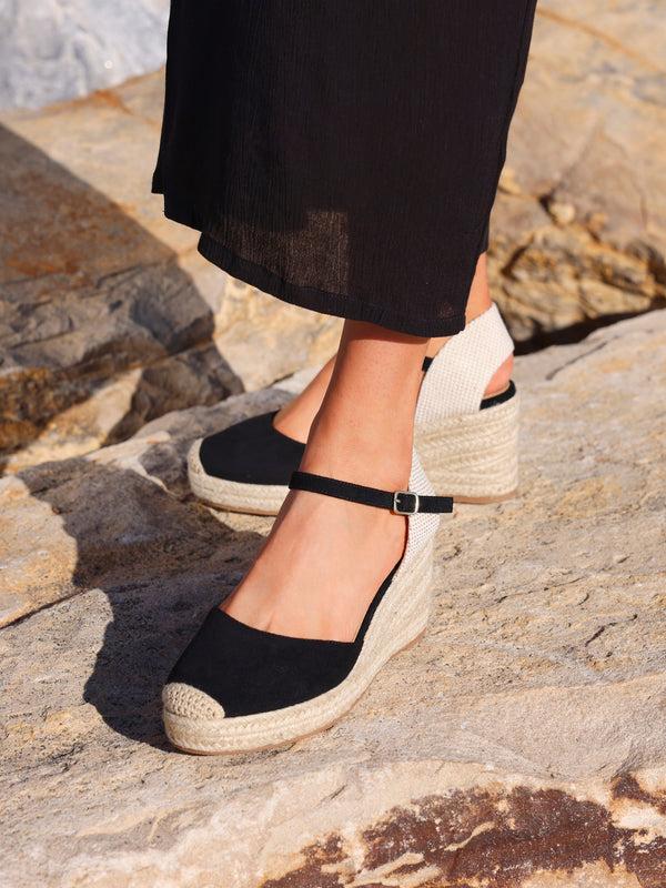 linzi Black Faux Suede Closed-Toe And Open Back Espadrille Wedge