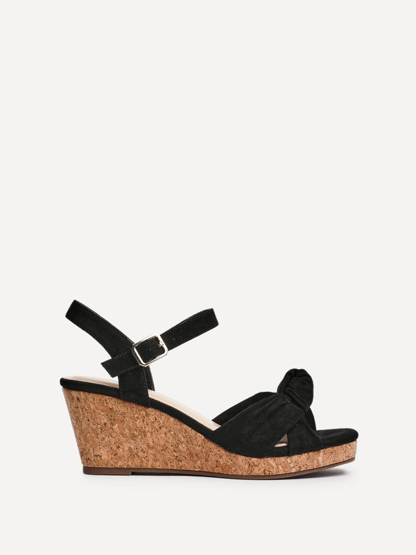 Linzi Black Faux Suede Cork Wedge With Knotted Front Strap