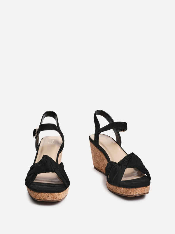 Linzi Black Faux Suede Cork Wedge With Knotted Front Strap