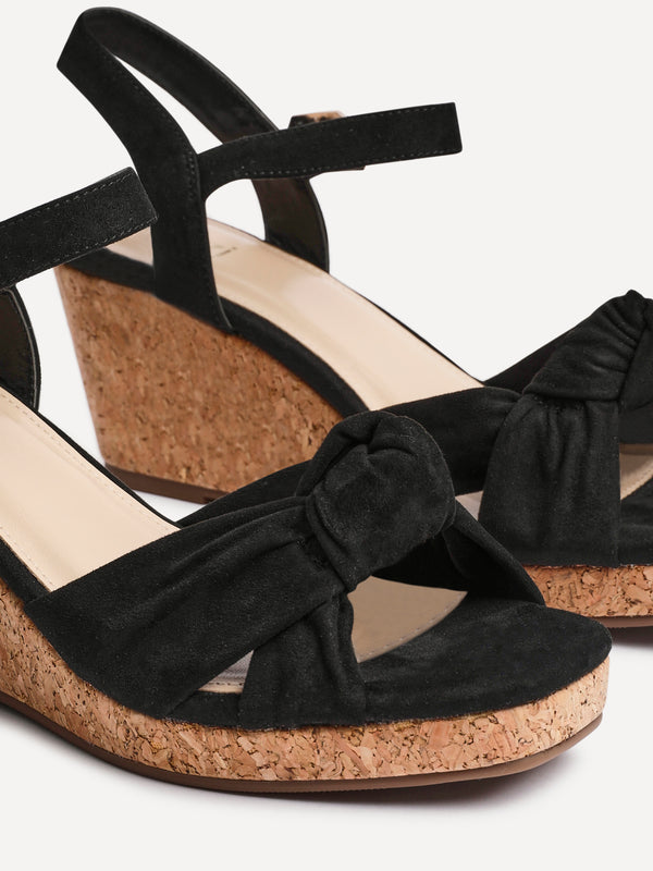 Linzi Black Faux Suede Cork Wedge With Knotted Front Strap
