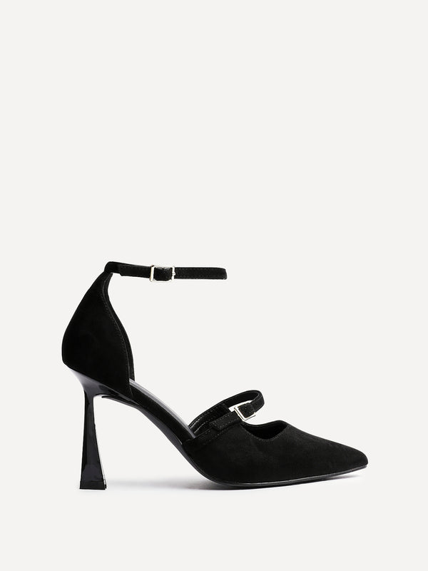 Linzi Black Faux Suede Court Heel With Front Buckle Detail