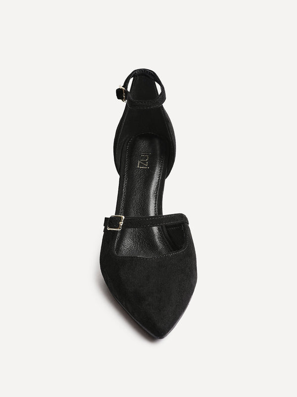 Linzi Black Faux Suede Court Heel With Front Buckle Detail