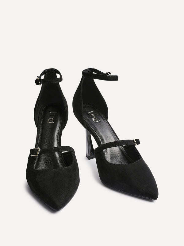 Linzi Black Faux Suede Court Heel With Front Buckle Detail