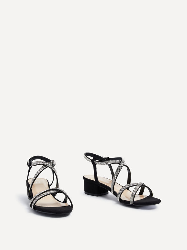 Linzi Black Faux Suede Crossover Diamante Straps Low Block Heeled Sandal