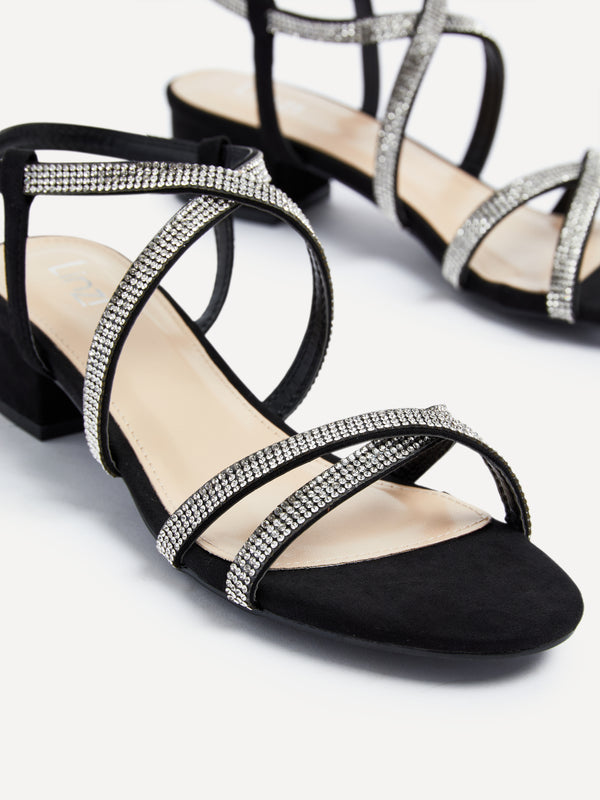 Linzi Black Faux Suede Crossover Diamante Straps Low Block Heeled Sandal