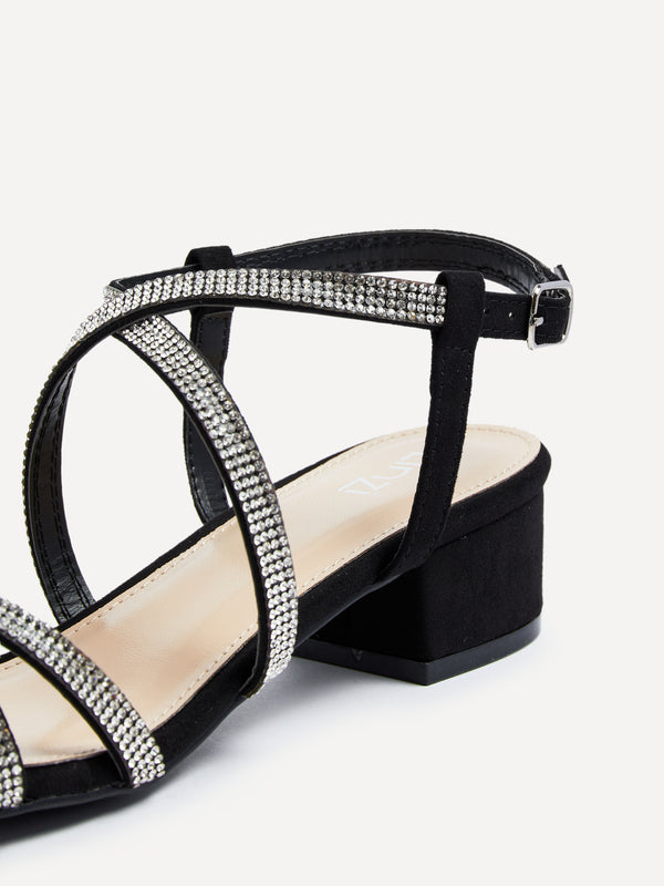 Linzi Black Faux Suede Crossover Diamante Straps Low Block Heeled Sandal
