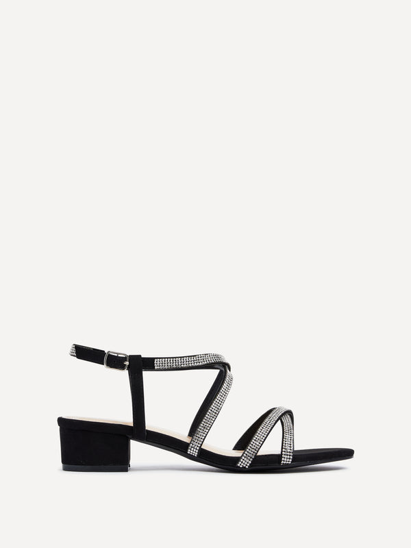 linzi Black Faux Suede Crossover Diamante Straps Low Block Heeled Sandal