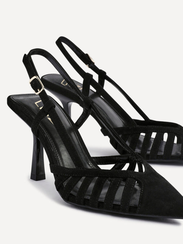 Linzi Black Faux Suede Cut Out Slingback Court Heels