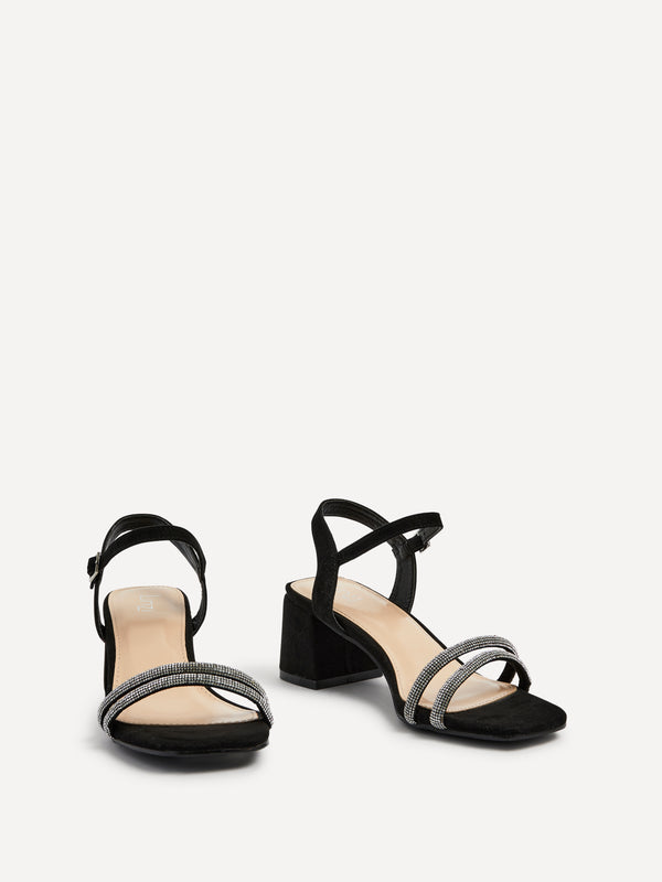 Linzi Black Faux Suede Diamante Block Heeled Sandal