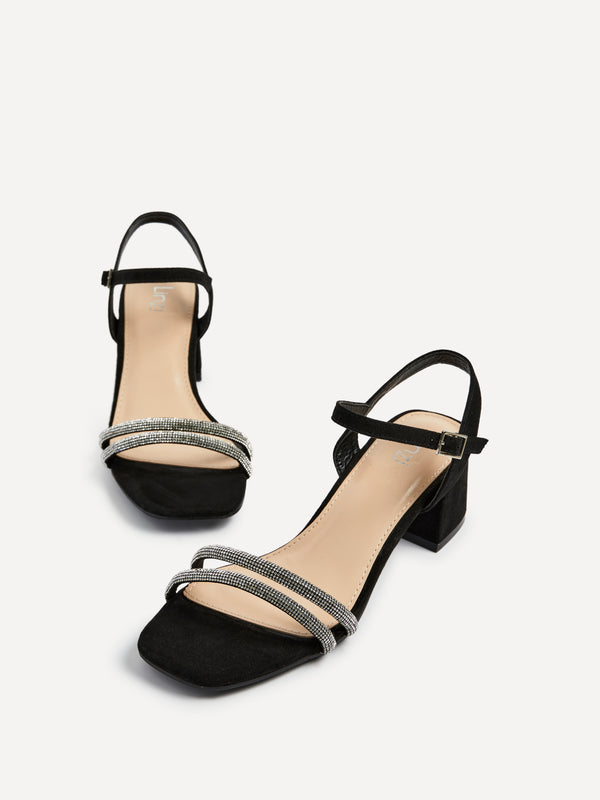 Linzi Black Faux Suede Diamante Block Heeled Sandal