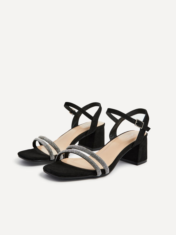 Linzi Black Faux Suede Diamante Block Heeled Sandal
