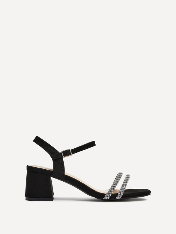 linzi Black Faux Suede Diamante Block Heeled Sandal