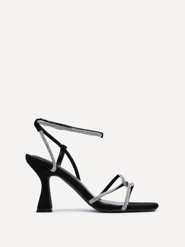 Linzi Black Faux Suede Diamante Embellishes Strappy Heel