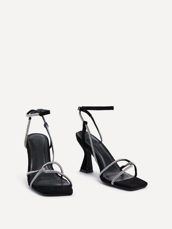 Linzi Black Faux Suede Diamante Embellishes Strappy Heel