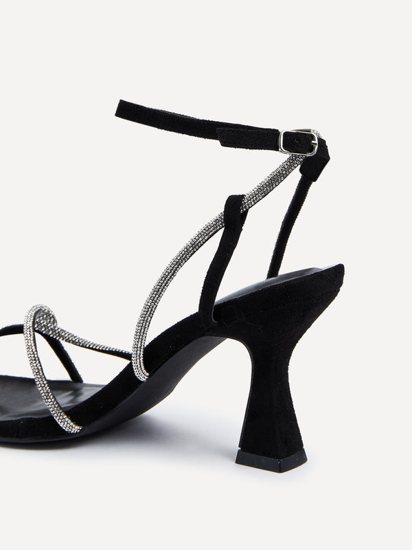 Linzi Black Faux Suede Diamante Embellishes Strappy Heel
