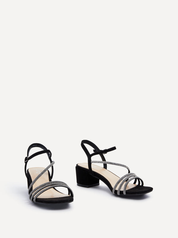 Linzi Black Faux Suede Diamante Strappy Block Heeled Sandal