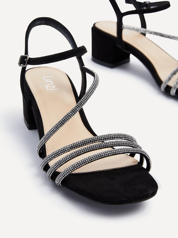 Linzi Black Faux Suede Diamante Strappy Block Heeled Sandal