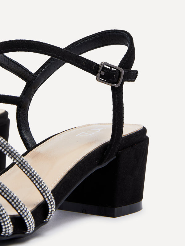 Linzi Black Faux Suede Diamante Strappy Block Heeled Sandal