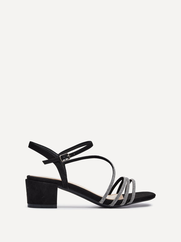 linzi Black Faux Suede Diamante Strappy Block Heeled Sandal