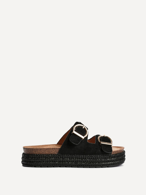 Linzi Black Faux Suede Double Buckle Plaited Flatform Slider