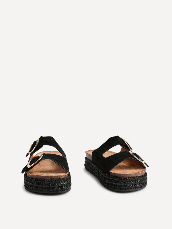 Linzi Black Faux Suede Double Buckle Plaited Flatform Slider