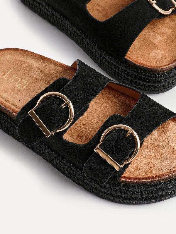 Linzi Black Faux Suede Double Buckle Plaited Flatform Slider