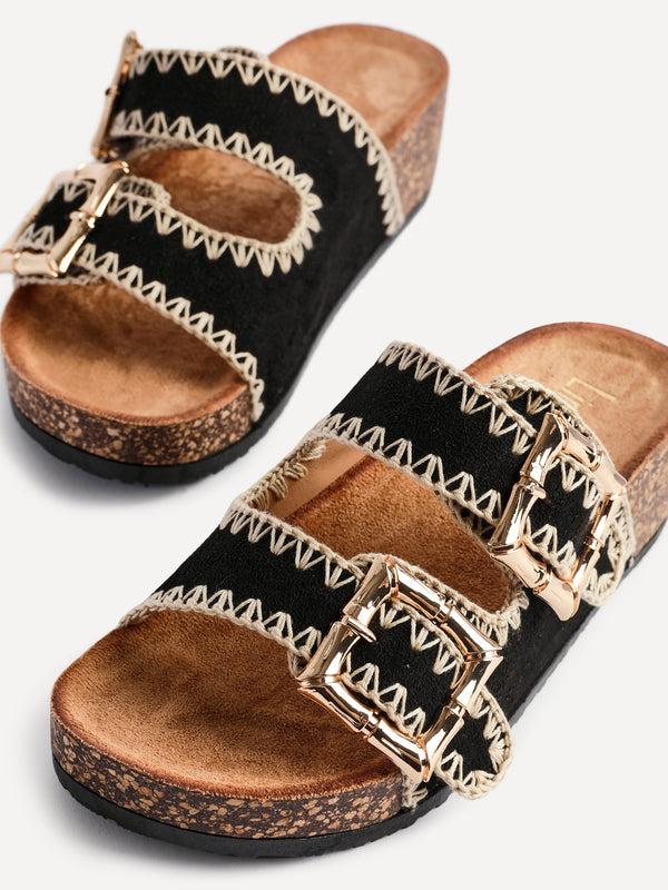 Linzi Black Faux Suede Double Buckle Sandal With Stitching Detail