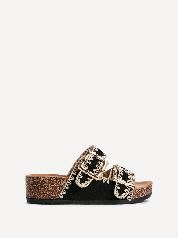 Linzi Black Faux Suede Double Buckle Sandal With Stitching Detail