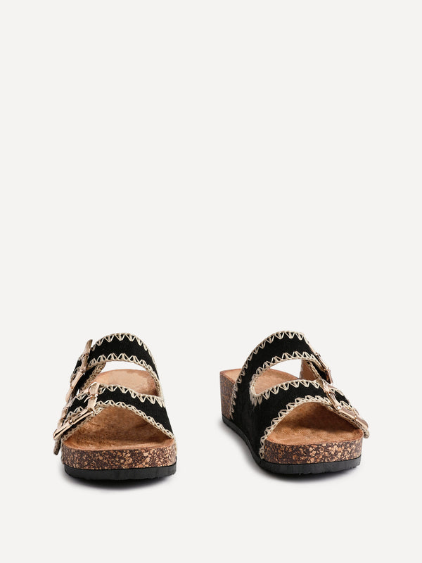 Linzi Black Faux Suede Double Buckle Sandal With Stitching Detail