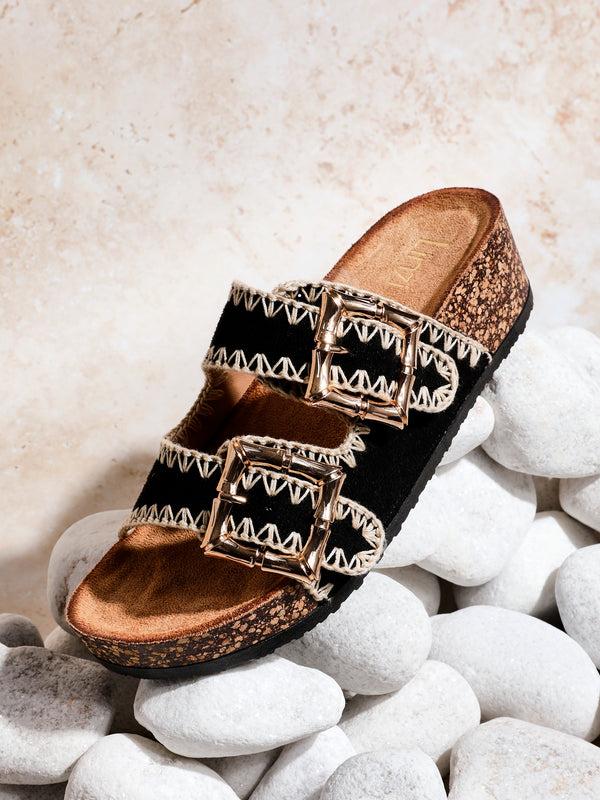linzi Black Faux Suede Double Buckle Sandal With Stitching Detail