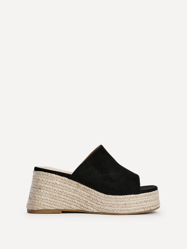 Linzi Black Faux Suede Espadrille Inspired Mule Wedges