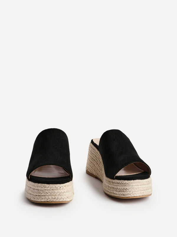 Linzi Black Faux Suede Espadrille Inspired Mule Wedges