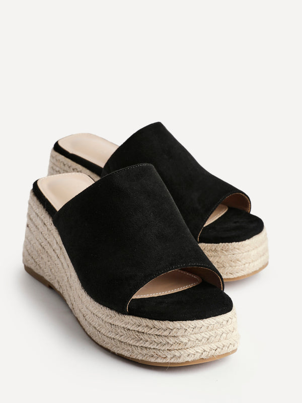 Linzi Black Faux Suede Espadrille Inspired Mule Wedges