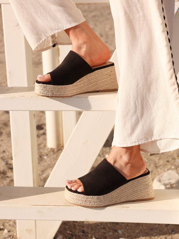 linzi Black Faux Suede Espadrille Inspired Mule Wedges