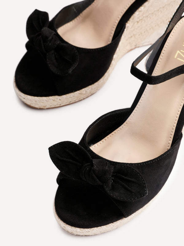 Linzi Black Faux Suede Espadrille Wedge With Bow Detail