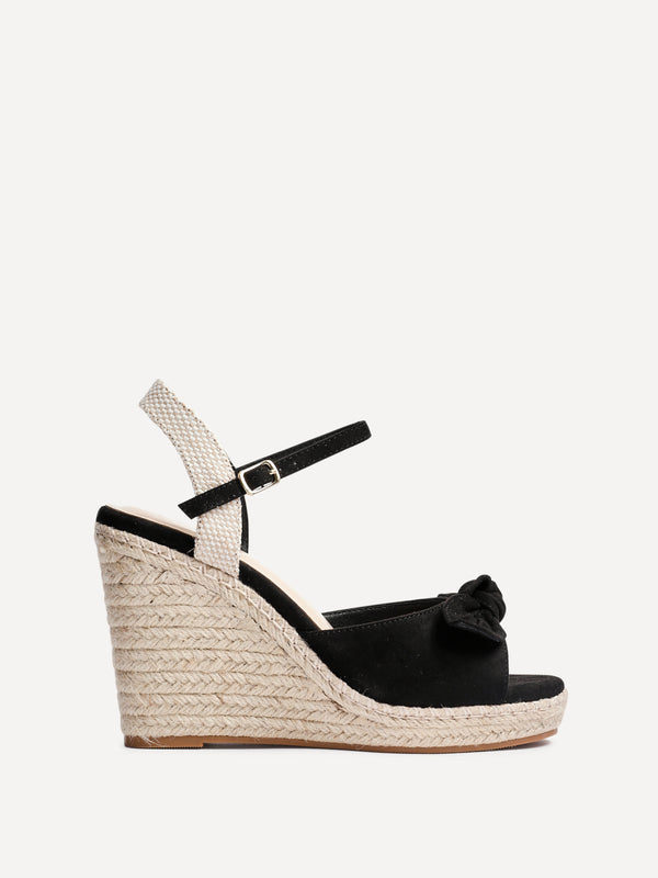 Linzi Black Faux Suede Espadrille Wedge With Bow Detail