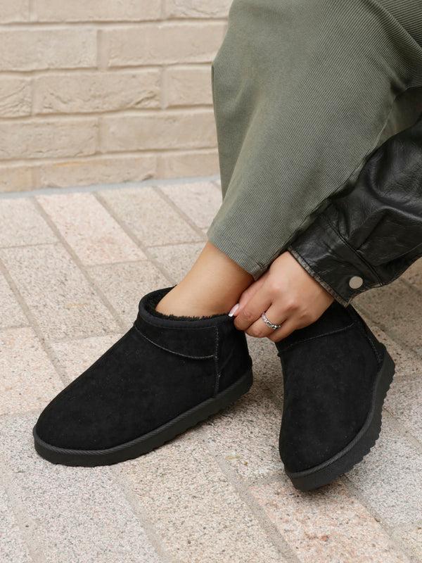linzi Black Faux Suede Faux Fur Lined Ultra Mini Ankle Boot