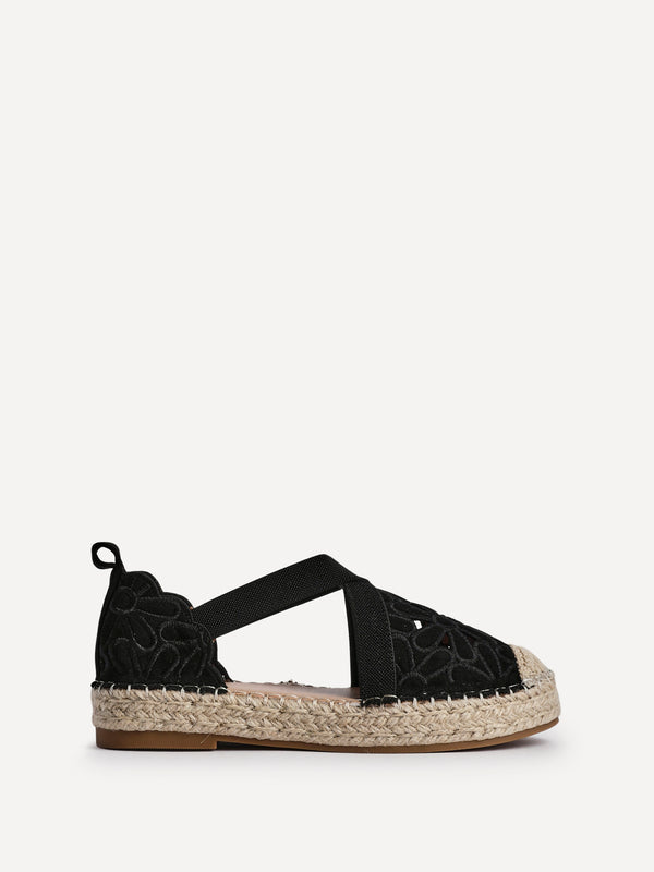 Linzi Black Faux Suede Flower Cut Out Espadrille Sandal