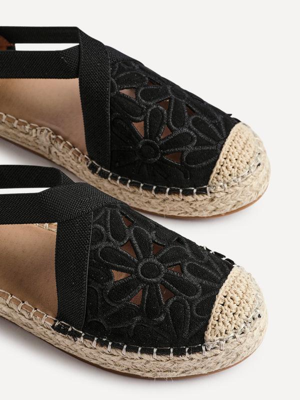 Linzi Black Faux Suede Flower Cut Out Espadrille Sandal